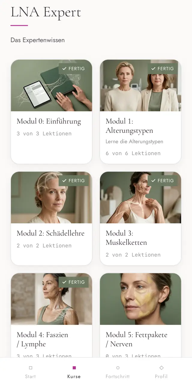 Kursübersicht des Expertenkurses in der L·N·A App: Modul 0 bis 3 als Modulkarten