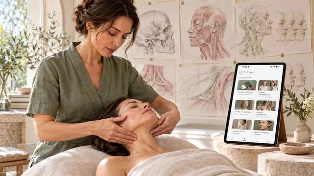 Eine Behandlerin arbeitet mit beiden Händen an Kiefer und Hals einer liegenden Frau, an der Wand anatomische Zeichnungen, daneben ein Tablet mit dem Expertenkurs